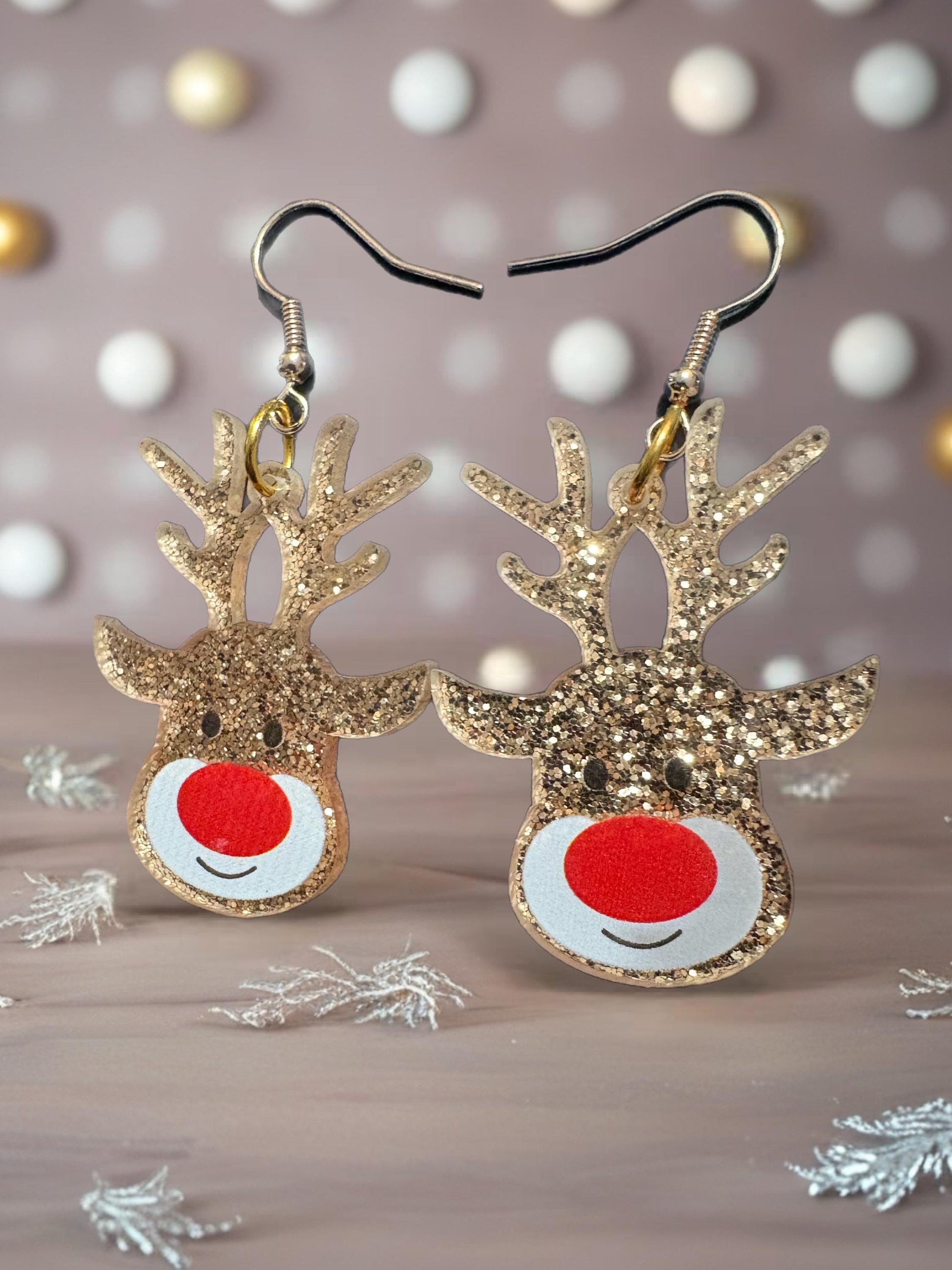 Gold Glitter Reindeer Earrings Cute Christmas Rudolph Dangle Earrings Holiday Accessory Gift stocking filler