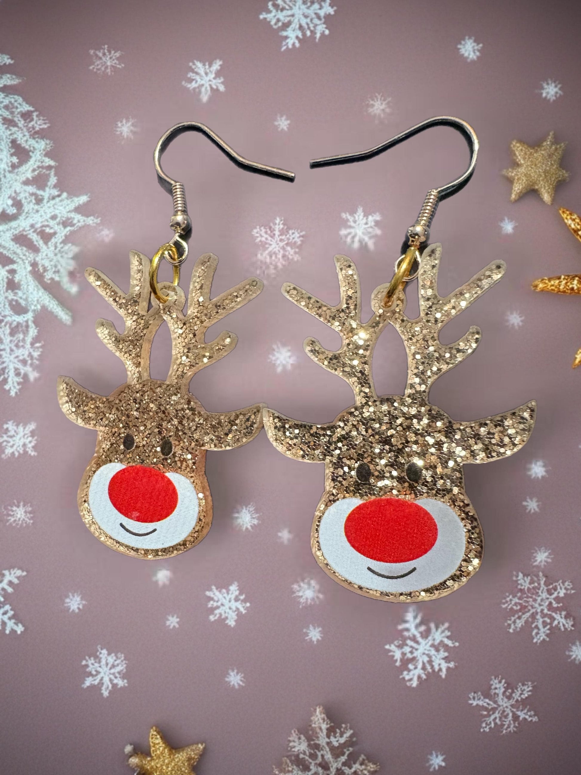 Gold Glitter Reindeer Earrings Cute Christmas Rudolph Dangle Earrings Holiday Accessory Gift stocking filler