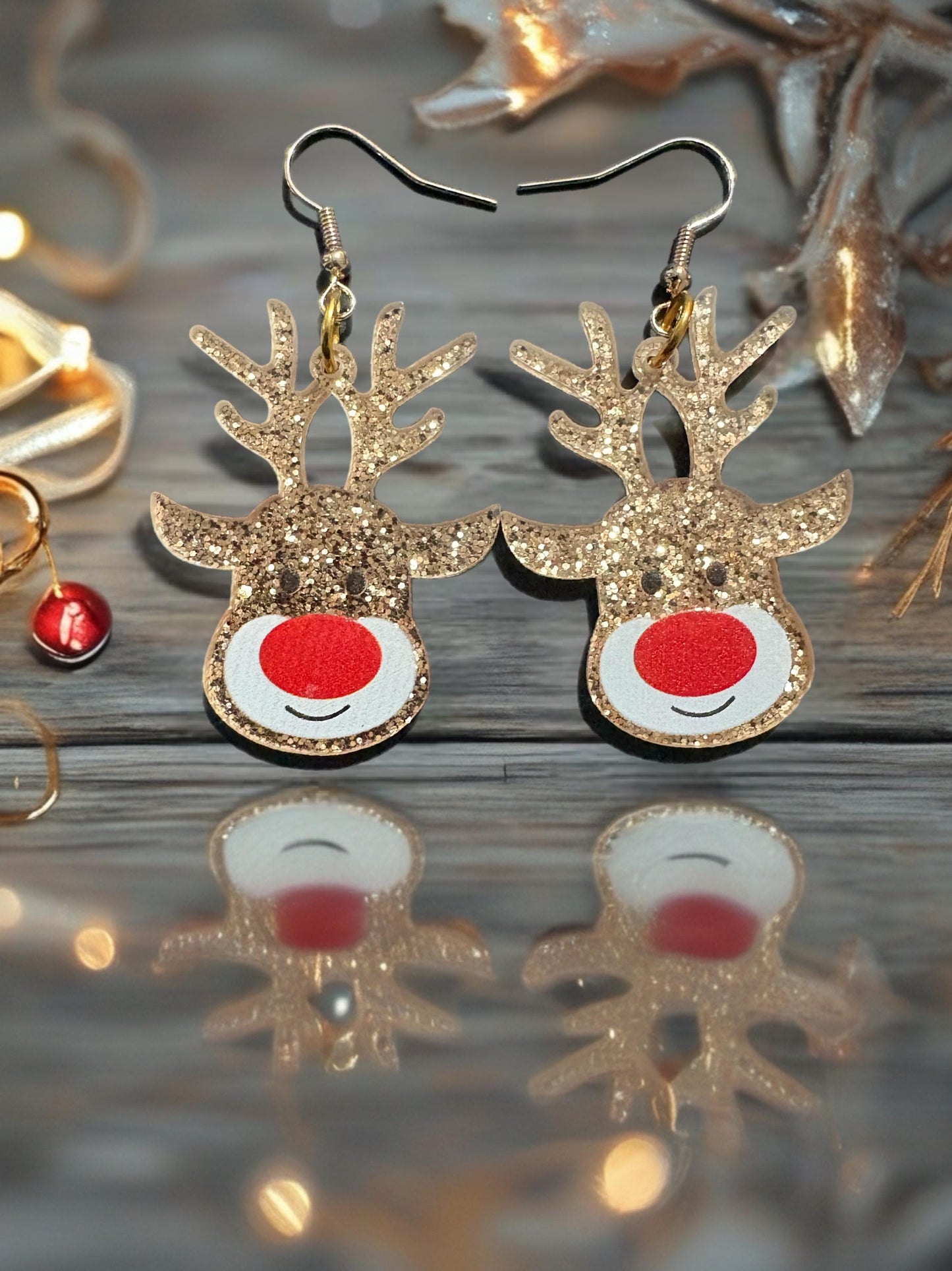 Gold Glitter Reindeer Earrings Cute Christmas Rudolph Dangle Earrings Holiday Accessory Gift stocking filler