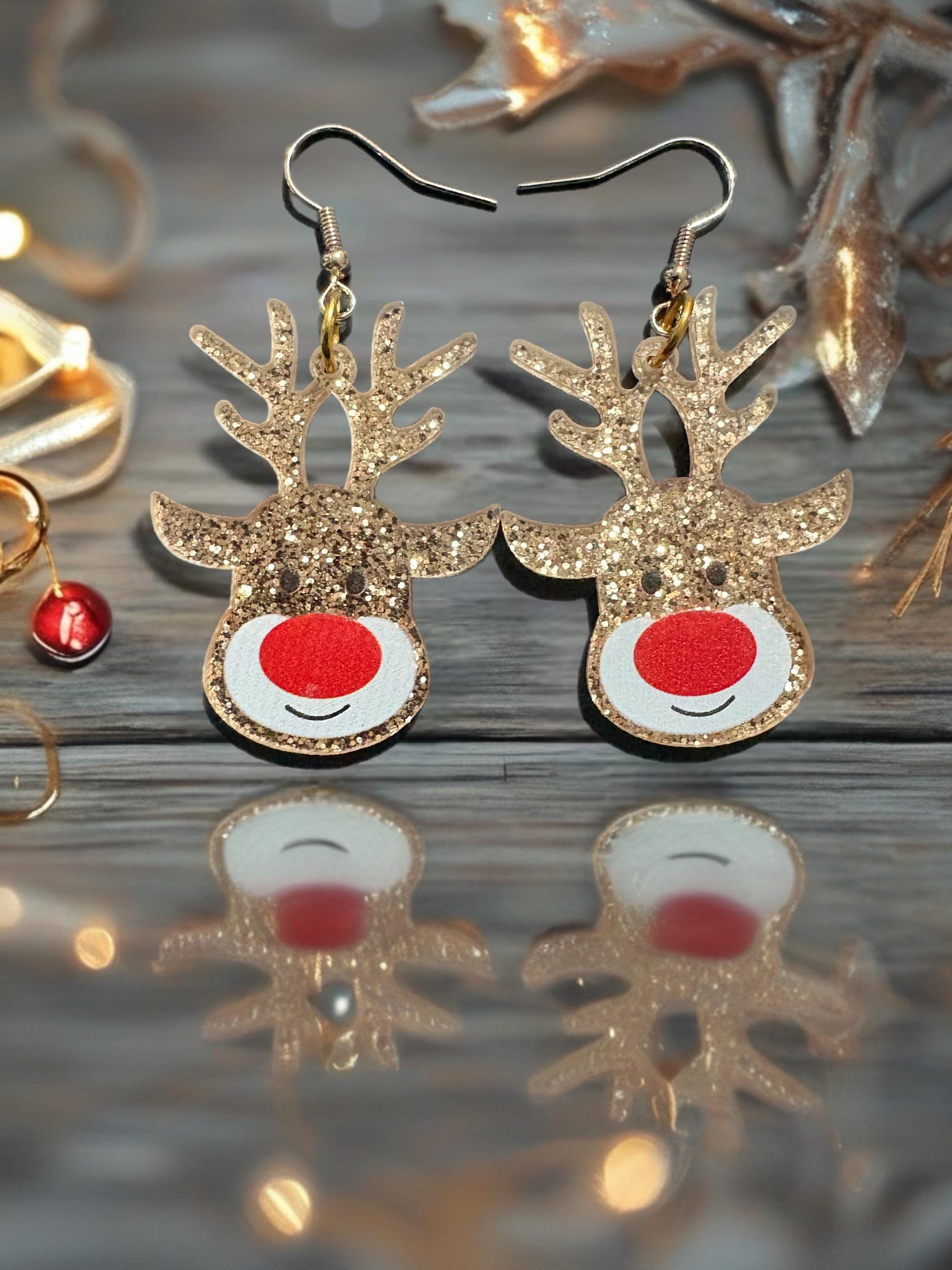 Gold Glitter Reindeer Earrings Cute Christmas Rudolph Dangle Earrings Holiday Accessory Gift stocking filler