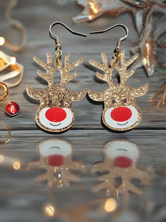 Gold Glitter Reindeer Earrings Cute Christmas Rudolph Dangle Earrings Holiday Accessory Gift stocking filler