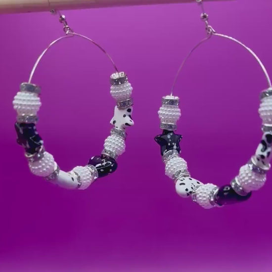 Handmade Beaded Hoop Earrings: Black & White Clay Beads, Silver Accents