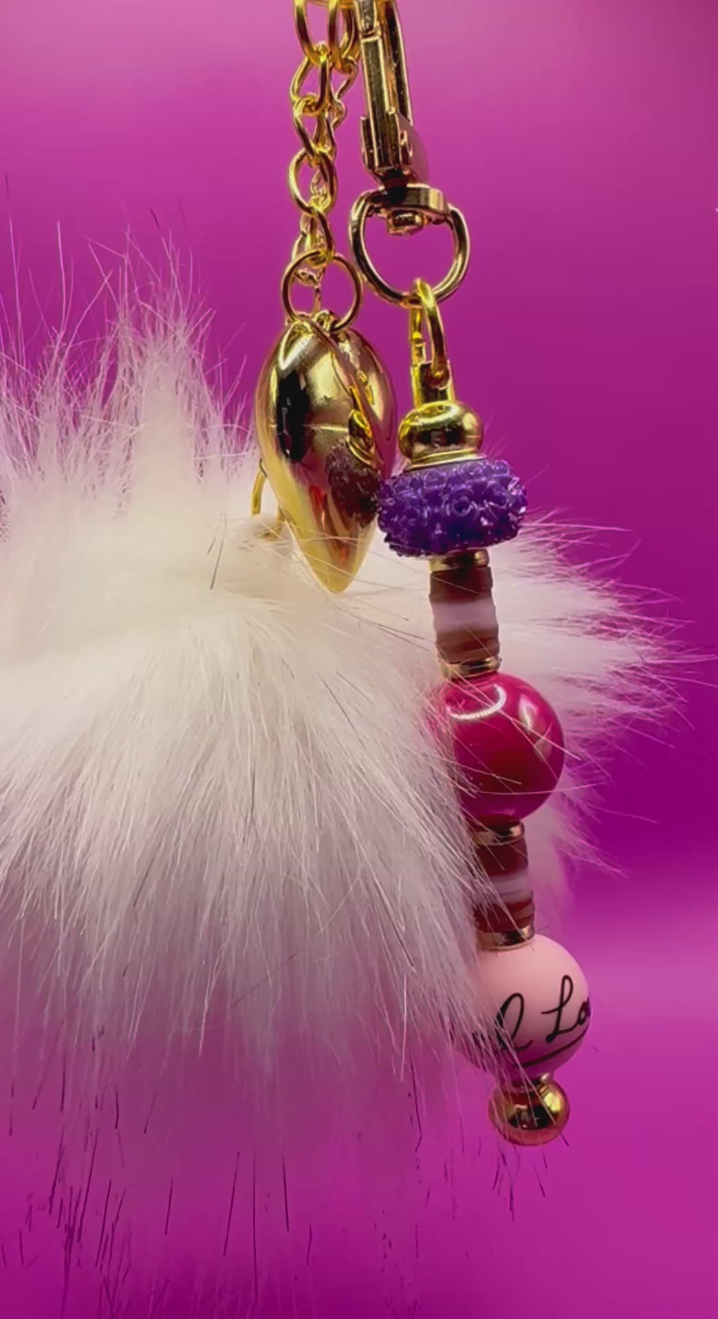 Beaded Keyring Keychain with Pendant - Colorful and Trendy Accessory for Keys and Handbags white and purple fluffy ball gold