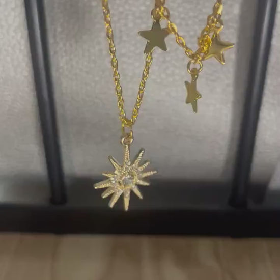 Gold Star Necklace Set: Diamante Celestial Layered Chains