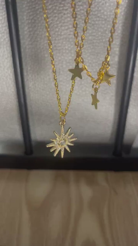 Gold Star Necklace Set: Diamante Celestial Layered Chains