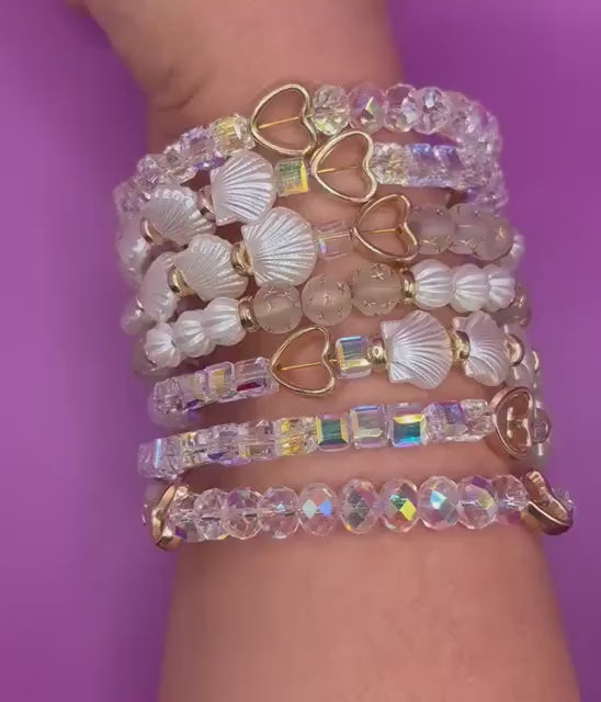 Boho Mermaid Bracelet wraparound Stack | Seashell & Star Beaded Bracelets | Crystal Heart Stretch Bracelet Set | Festival Jewelry Gift