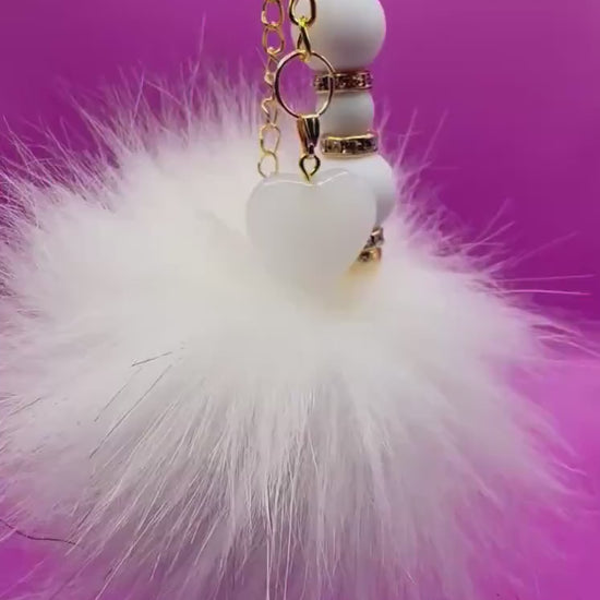 Beaded Keyring: White Heart Pendant & Fluffy Ball Keychain