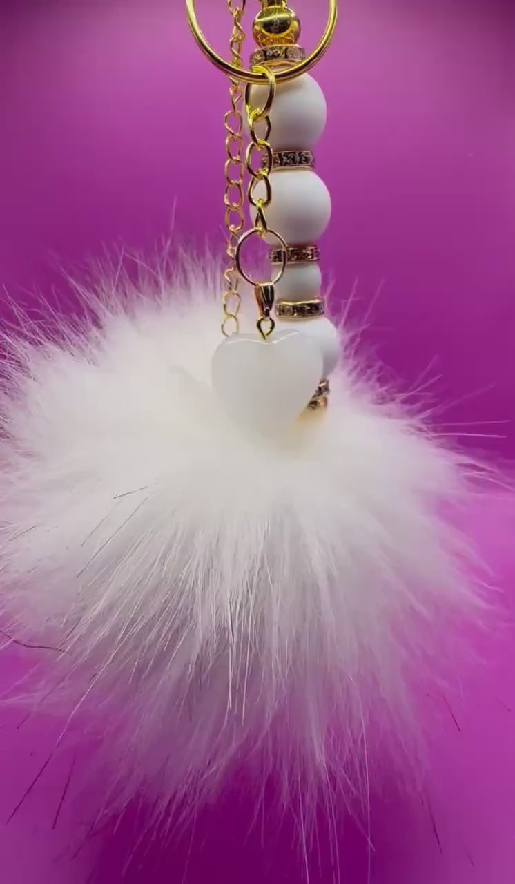 Beaded Keyring: White Heart Pendant & Fluffy Ball Keychain