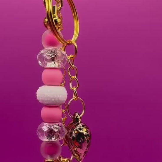 Beaded Keyring: Leopard Heart & Strawberry Pendants