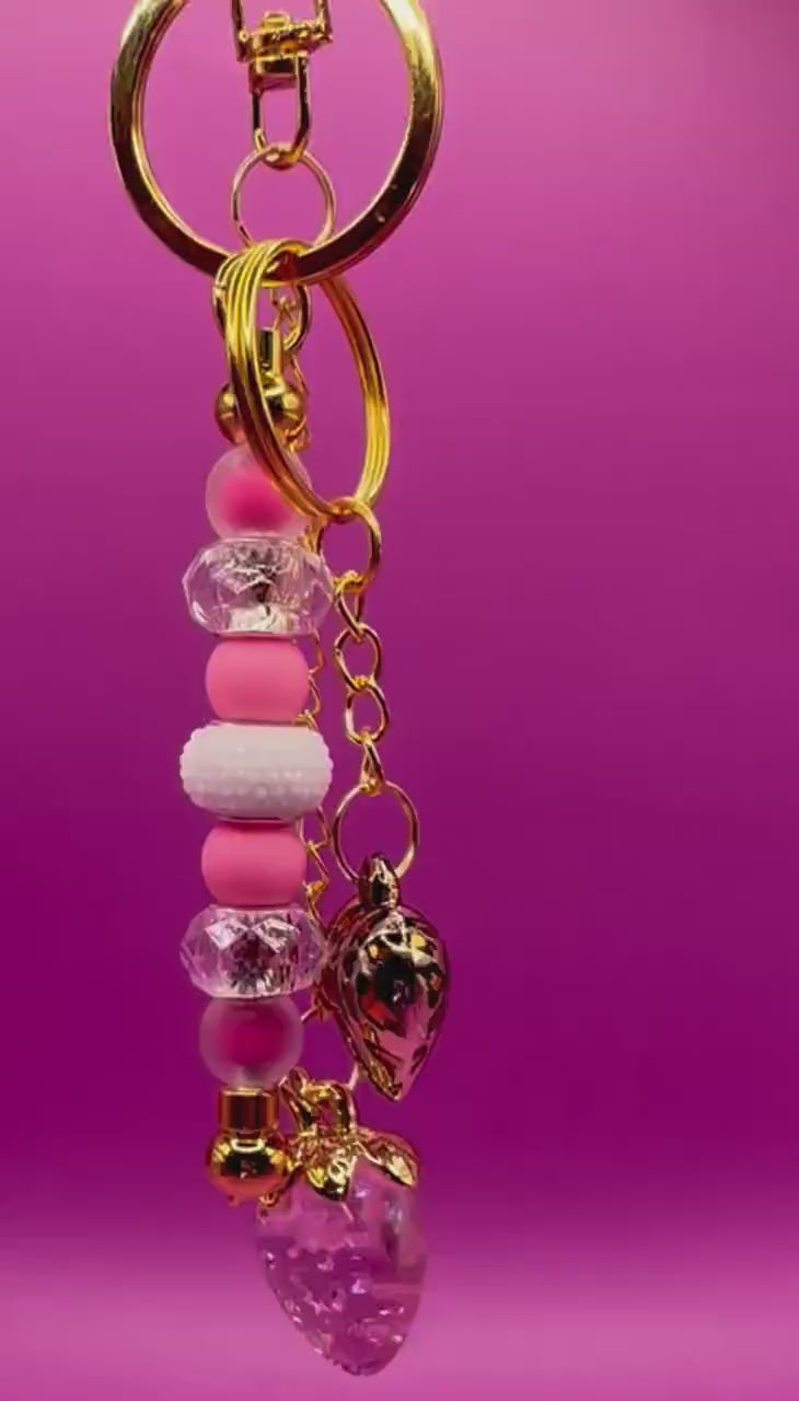 Beaded Keyring: Leopard Heart & Strawberry Pendants