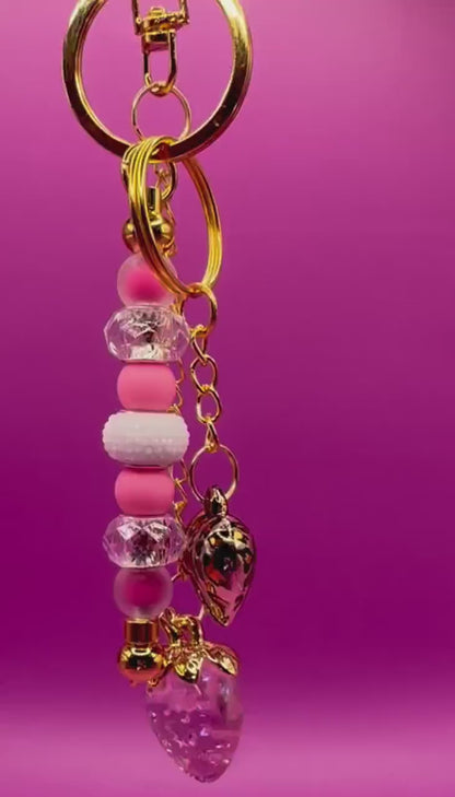 Beaded Keyring: Leopard Heart & Strawberry Pendants
