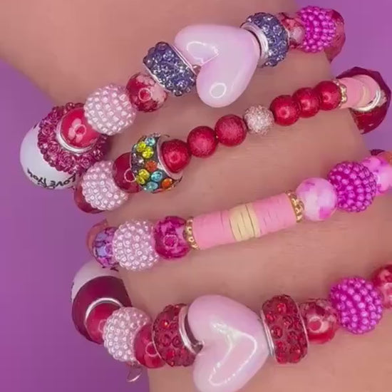 Handmade Beaded Stretch Bracelet Set: Pink, Red, White Heart Charms