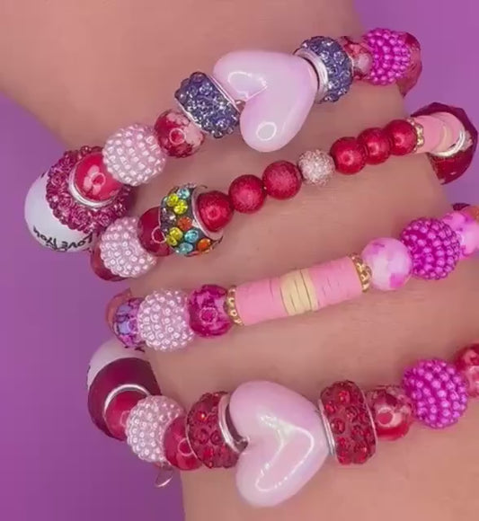 Handmade Beaded Stretch Bracelet Set: Pink, Red, White Heart Charms
