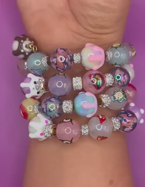 Pastel Resin Bead Bracelet – Handmade Stretch Bracelet with colourful pudding owls and lips fun Jewelry, Cute Gift for Her wrap Bracelet
