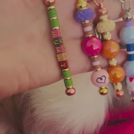 Beaded Keychain with Teddy Bear and Fluffy Ball Pendant