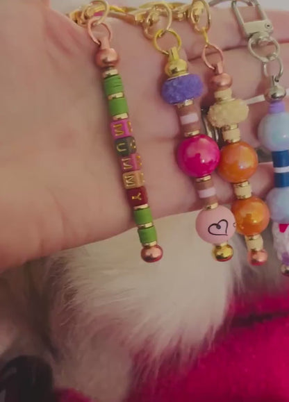 Beaded Keychain with Teddy Bear and Fluffy Ball Pendant