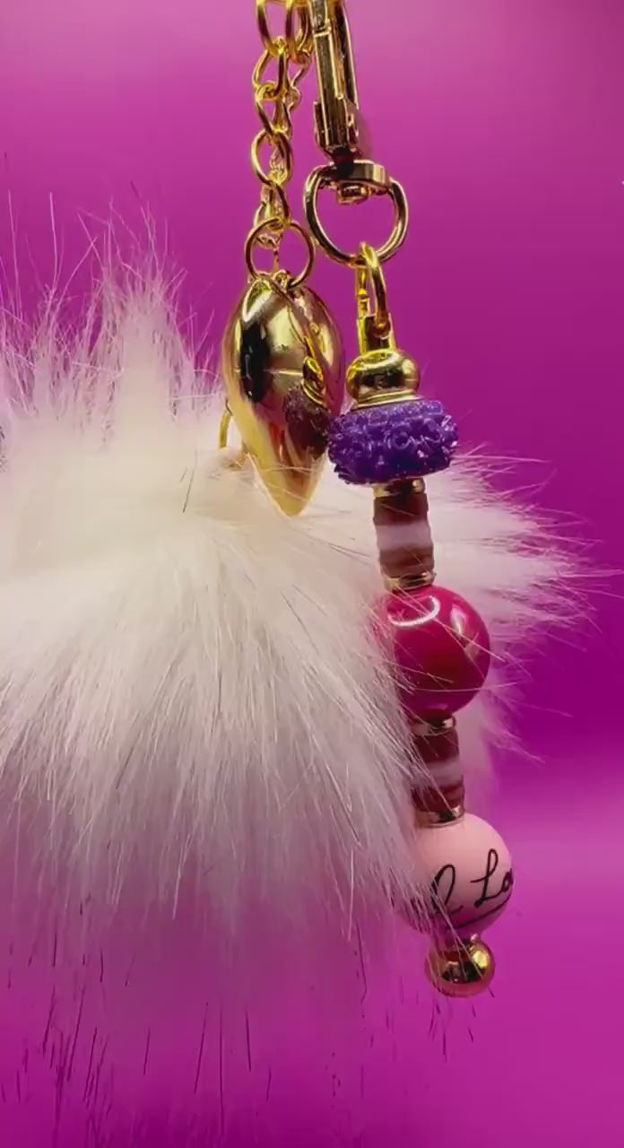 Christmas Keyring with Pom Pom pendants Beads Festive Bag Charm Holiday Gift for Her Cute Winter Keychain bag charm