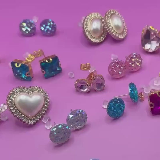 Blue Gemstone Stud Earrings: Gold Tone, Hypoallergenic