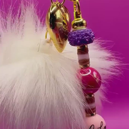 Beaded Keychain with Gold Heart & Fluffy Ball Pendant