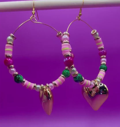 Handmade Beaded Hoop Earrings: Pink, Green & Gold Heart Pendant