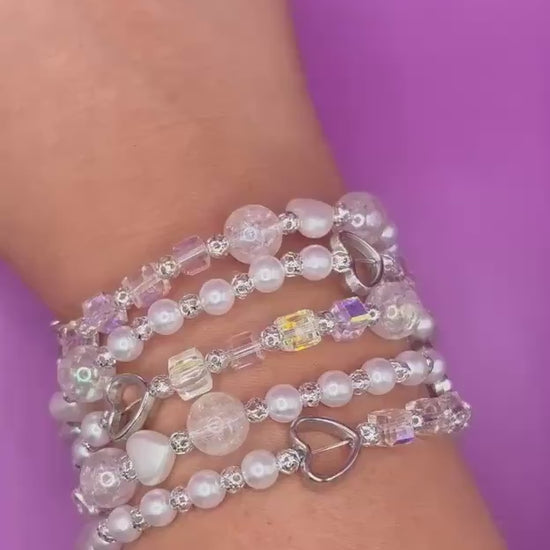 Iridescent Beaded Stretch Bracelet: Faux Pearls, Crystal, Silver Heart Charm