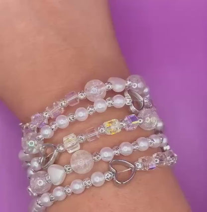 Iridescent Beaded Stretch Bracelet: Faux Pearls, Crystal, Silver Heart Charm
