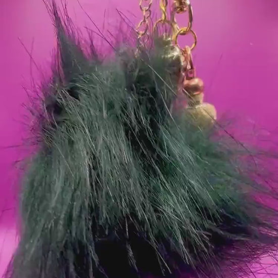 Beaded Keychain: Leopard Heart, Orange Beads & Fluffy Ball