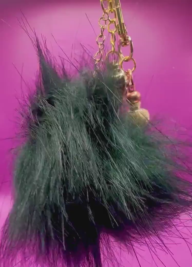 Beaded Keychain: Leopard Heart, Orange Beads & Fluffy Ball